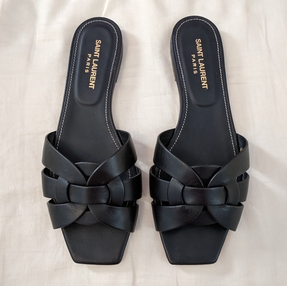 saint laurent woven leather sandal slide